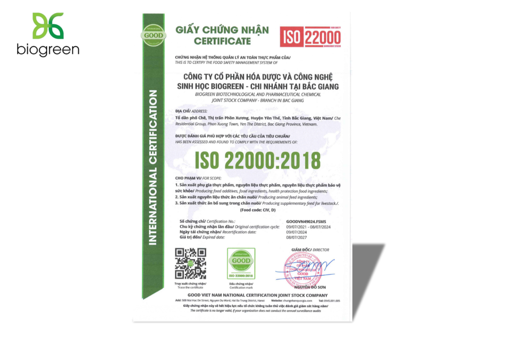 Ảnh giấy chứng nhận ISO 22000:2018